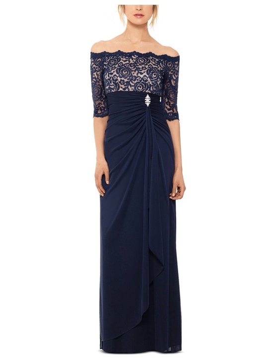 Betsy & Adam Dresses & Skirts - Betsy & Adam Navy Off-Shoulder Lace Evening Gown
